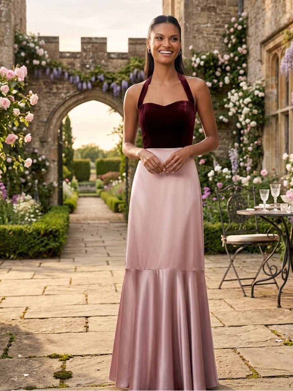 Lulu's Strapless Two-Tone Satin Gown in Wine and Blush - Picture 9 of 13